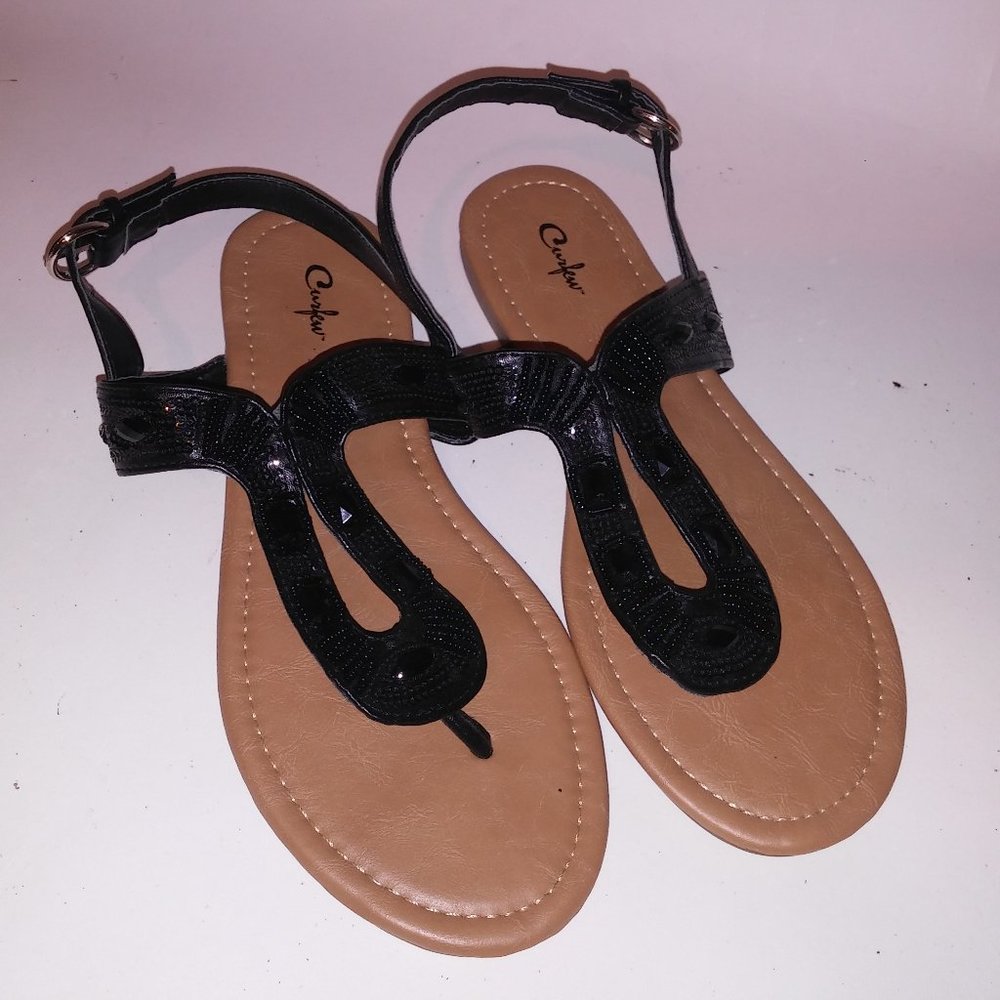 Curfew Sandals Womens Size 7 Black Thong Ankle Strap Beaded‎ Open Toe